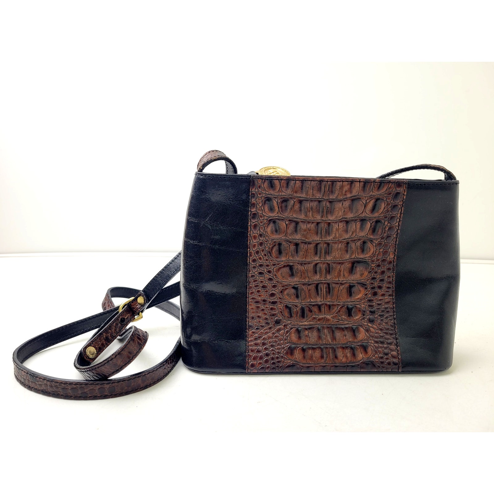 Vintage Brahmin Crossbody Bag In Two-Tone Black & Brown Croc Embossed Leather